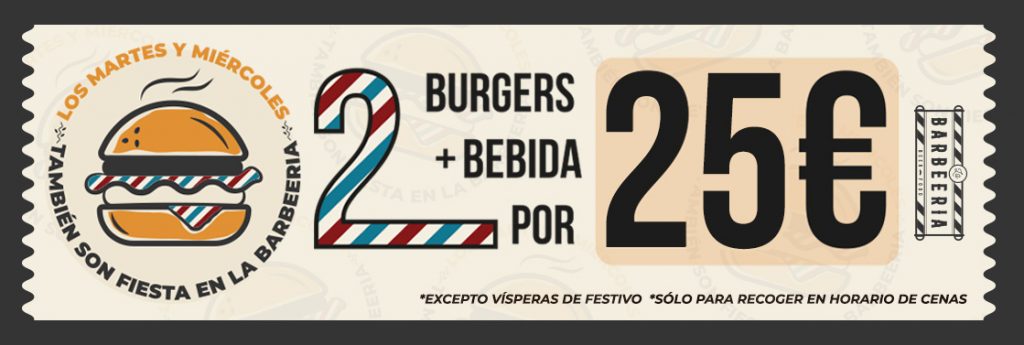 2 hamburguesas más bebida por 25€ en La Barbeeria